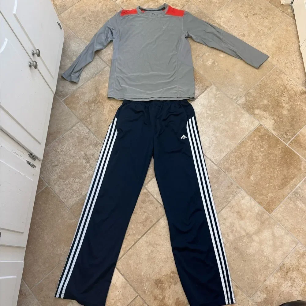 Set of YL Adidas Navy Striped Pants & Nike Grey & Orange long sleeved shirt